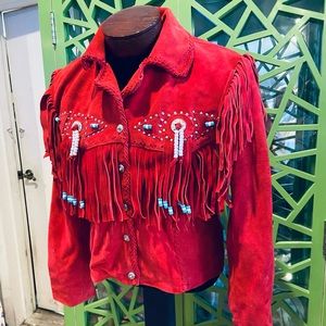 Real Leather Vintage RED Suede Fringe Beaded Conch Studded Braided Trim Jacket